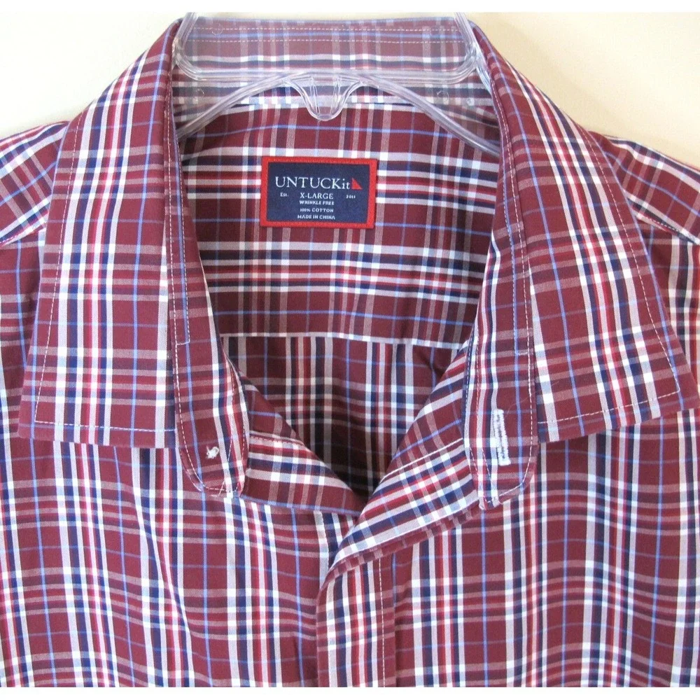 Untuckit Long Sleeve Button Down Shirt Maroon‎ Plaid Men's Size XL Cotton